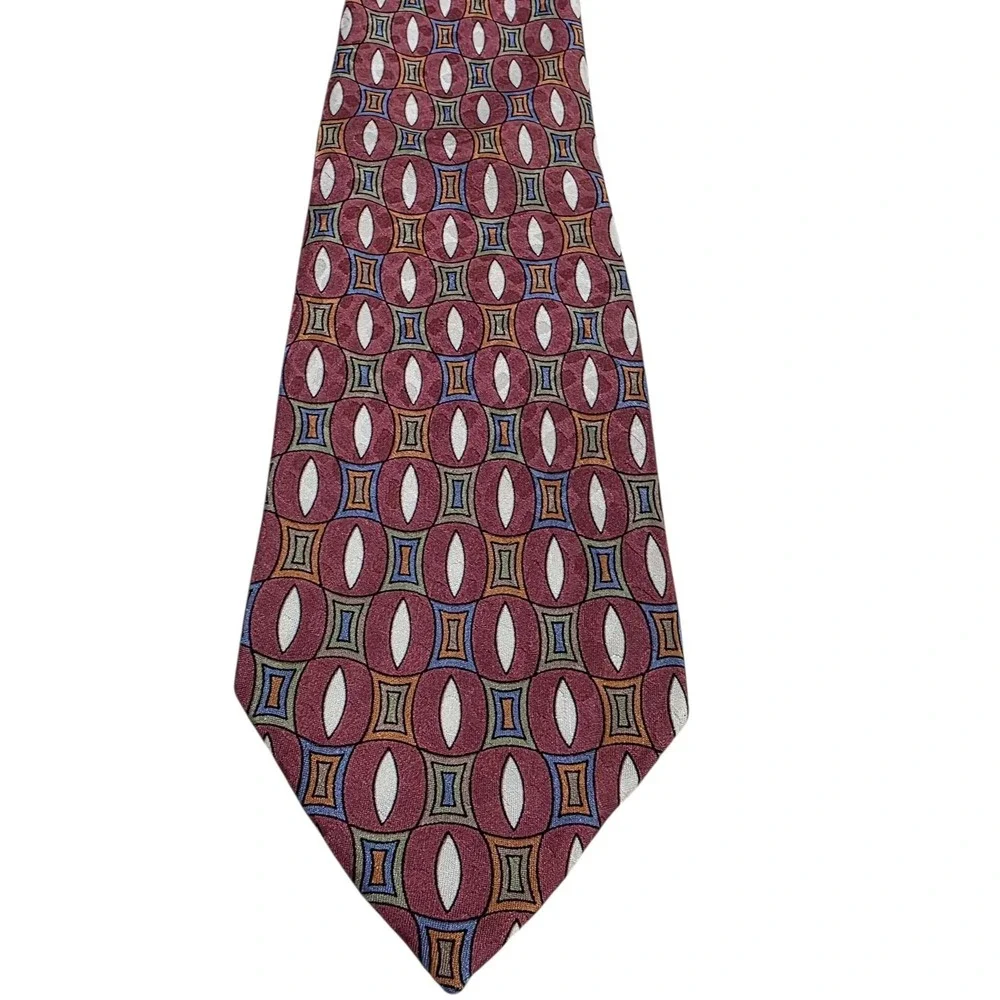 VITO by VR Mens Silk Tie Burgundy Geometric Pattern Necktie Hand Made‎ in Italy